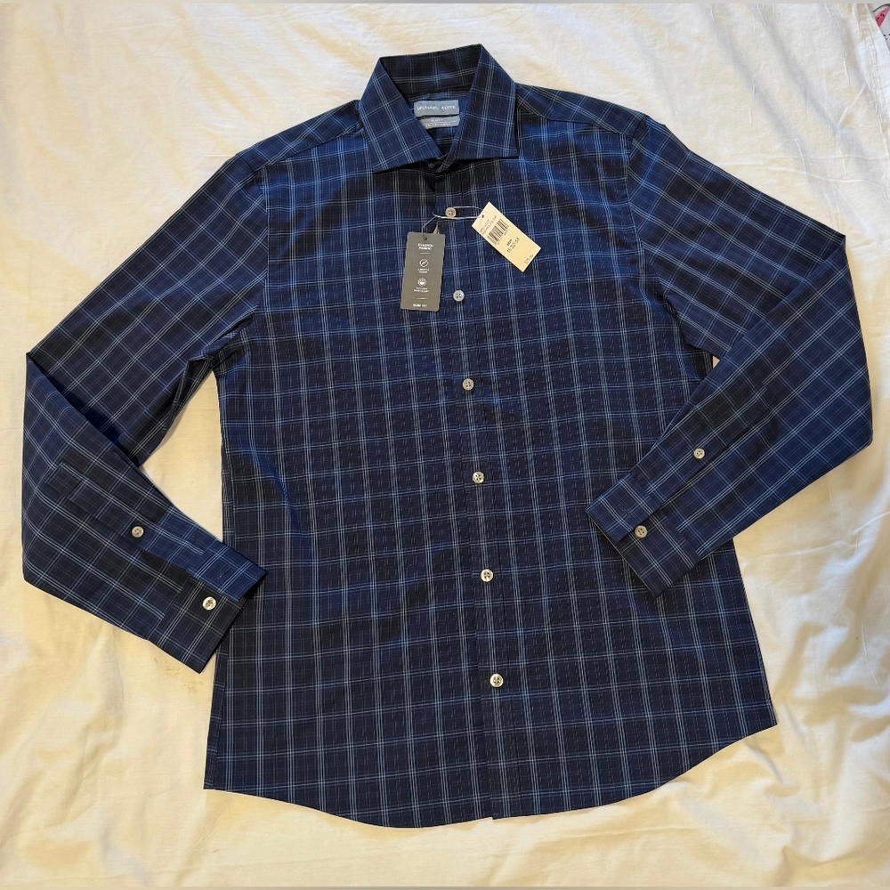NWT Michael Kors Navy Plaid Button Down Shirt SIZE M(15-32/33) SLIM FIT